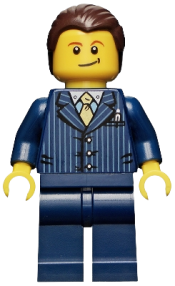 LEGO Businessman Pinstripe Jacket and Gold Tie, Dark Blue Legs, Dark Brown Hair, Crooked Smile minifigure