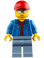 LEGO Blue Jacket over Dark Red V-Neck Sweater, Sand Blue Legs, Red Cap with Hole, Silver Sunglasses minifigure