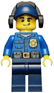 LEGO Police - City Officer, Gold Badge, Dark Blue Cap with Hole, Headphones, Lopsided Grin minifigure