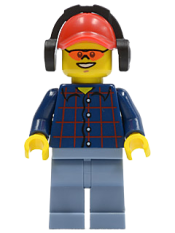 LEGO Plaid Button Shirt, Sand Blue Legs, Red Cap with Hole, Black Headphones minifigure