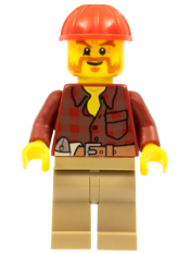 LEGO Flannel Shirt with Pocket and Belt, Dark Tan Legs, Red Construction Helmet, Beard minifigure