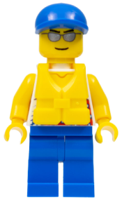 LEGO Tank Top with Surfer Silhouette, Blue Legs, Blue Short Bill Cap, Life Jacket Center Buckle, Silver Sunglasses minifigure
