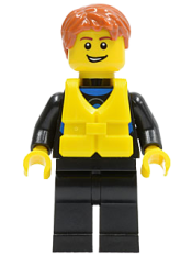 LEGO Wetsuit with Blue Sign, Black Legs, Dark Orange Short Tousled Hair, Life Jacket Center Buckle, Open Grin minifigure