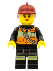 LEGO Fire - Reflective Stripe Vest with Pockets and Shoulder Strap, Dark Red Fire Helmet, Female Red Lips minifigure