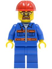 LEGO Blue Jacket with Pockets and Orange Stripes, Blue Legs, Red Construction Helmet, Safety Goggles minifigure