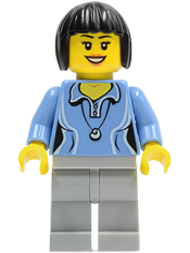 LEGO Medium Blue Female Shirt with Two Buttons and Shell Pendant, Light Bluish Gray Legs, Black Bob Cut Hair minifigure