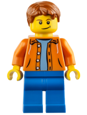 LEGO Orange Jacket with Hood over Light Blue Sweater, Blue Legs, Dark Orange Short Tousled Hair, Crooked Smile with Black Dimple minifigure