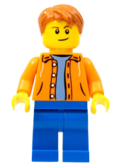 LEGO Orange Jacket with Hood over Light Blue Sweater, Blue Legs, Dark Orange Short Tousled Hair, Crooked Smile with Brown Dimple minifigure