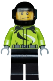 LEGO Monster Truck Driver, Race Suit with Black and White Swirls, Black Helmet with Trans-Black Visor, Crooked Smile minifigure