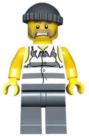 LEGO Police - Jail Prisoner Shirt with Prison Stripes and Torn out Sleeves, Dark Bluish Gray Legs, Dark Bluish Gray Knit Cap minifigure