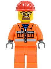 LEGO Construction Worker - Orange Zipper, Safety Stripes, Orange Arms, Orange Legs, Red Construction Helmet, Beard and Safety Goggles minifigure