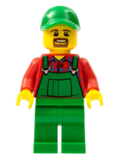 LEGO Overalls Farmer Green, Green Cap with Hole, Brown Moustache and Goatee minifigure
