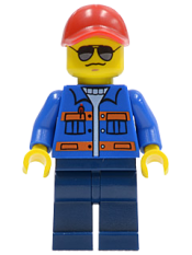 LEGO Blue Jacket with Pockets and Orange Stripes, Dark Blue Legs, Red Cap with Hole, Sunglasses, NO Back Print minifigure