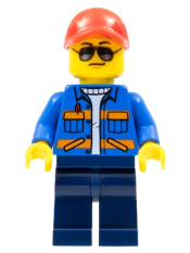 LEGO Blue Jacket with Pockets and Orange Stripes, Dark Blue Legs, Red Cap with Hole, Sunglasses with Back Print minifigure