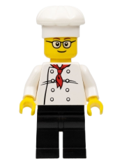 LEGO Chef - White Torso with 8 Buttons, Black Legs, Rounded Glasses, Brown Eyebrows minifigure