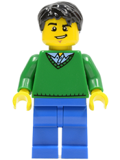 LEGO Green V-Neck Sweater, Blue Legs, Black Short Tousled Hair, Lopsided Grin minifigure