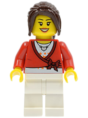 LEGO Sweater Cropped with Bow, Heart Necklace, White Legs, Dark Brown Hair Ponytail Long with Side Bangs minifigure