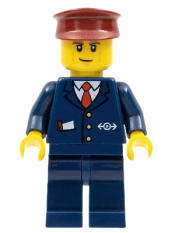 LEGO Dark Blue Suit with Train Logo, Dark Blue Legs, Dark Red Hat, Cheek Lines minifigure