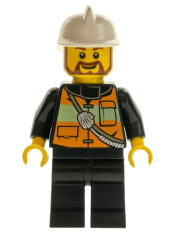 LEGO Fire - Reflective Stripe Vest with Pockets and Shoulder Strap, White Fire Helmet, Brown Beard minifigure