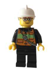 LEGO Fire - Reflective Stripe Vest with Pockets and Shoulder Strap, White Fire Helmet, Glasses minifigure