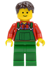 LEGO Overalls Farmer Green, Dark Brown Short Tousled Hair, Standard Grin minifigure