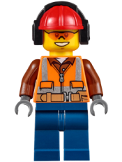 LEGO Construction Worker - Male, Orange Safety Vest, Reflective Stripes, Reddish Brown Shirt, Dark Blue Legs, Red Construction Helmet with Black Headphones, Orange Safety Glasses minifigure