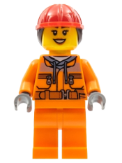 LEGO Construction Worker - Female, Orange Safety Jacket, Reflective Stripe, Sand Blue Hoodie, Orange Legs, Red Construction Helmet with Dark Brown Hair, Peach Lips minifigure