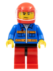 LEGO Blue Jacket with Pockets and Orange Stripes, Red Legs with Black Hips, Sweat Drops minifigure