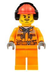 LEGO Construction Worker - Male, Orange Safety Jacket, Reflective Stripe, Sand Blue Hoodie, Orange Legs, Red Construction Helmet with Black Headphones, Stubble minifigure