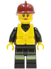 LEGO Fire - Reflective Stripe Vest with Pockets and Shoulder Strap, Dark Red Fire Helmet, Life Jacket Center Buckle, Female Pink Lips minifigure
