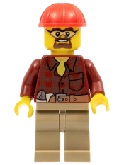 LEGO Flannel Shirt with Pocket and Belt, Dark Tan Legs, Red Construction Helmet, Safety Goggles minifigure