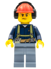 LEGO Construction Worker - Shirt with Harness and Wrench, Sand Blue Legs, Red Construction Helmet with Headphones, Sweat Drops minifigure