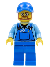 LEGO Overalls with Tools in Pocket Blue, Blue Cap with Hole, Beard and Glasses minifigure