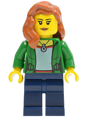 LEGO Green Female Jacket Open with Necklace, Dark Blue Legs, Dark Orange Female Hair over Shoulder minifigure