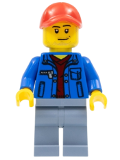 LEGO Blue Jacket over Dark Red V-Neck Sweater, Sand Blue Legs, Red Cap with Hole, Smirk and Stubble Beard minifigure
