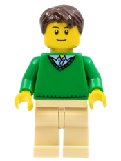 LEGO Green V-Neck Sweater, Tan Legs, Dark Brown Short Tousled Hair, Thin Grin minifigure