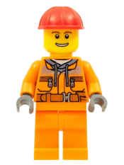 LEGO Construction Worker - Male, Orange Safety Jacket, Reflective Stripe, Sand Blue Hoodie, Orange Legs, Red Construction Helmet, Thin Grin with Teeth minifigure