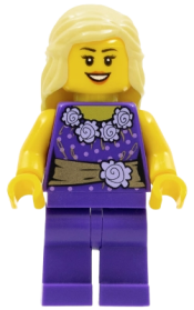 LEGO Female Dark Purple Blouse with Gold Sash and Flowers, Dark Purple Legs, Bright Light Yellow Female Hair Mid-Length minifigure