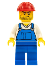 LEGO Overalls Blue over V-Neck Shirt, Blue Legs, Red Construction Helmet, Crooked Smile and Scar minifigure