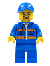 LEGO Blue Jacket with Pockets and Orange Stripes, Blue Legs, Blue Cap with Hole, Brown Moustache and Goatee minifigure