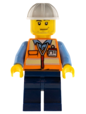 LEGO Space Engineer, Male, Orange Vest, Dark Blue Legs, White Construction Helmet, Stubble minifigure