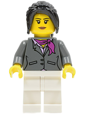 LEGO Dark Bluish Gray Jacket with Magenta Scarf, White Legs, Black Hair Ponytail Long with Side Bangs (City Square Car Saleswoman) minifigure