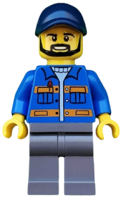 LEGO Blue Jacket with Pockets and Orange Stripes, Dark Bluish Gray Legs, Dark Blue Cap with Hole, Black Beard minifigure