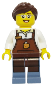LEGO City Square Barista - Reddish Brown Apron with Cup, Reddish Brown Ponytail and Swept Sideways Fringe, Glasses and Smile minifigure