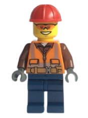 LEGO Construction Worker - Male, Orange Safety Vest, Reflective Stripes, Reddish Brown Shirt, Dark Blue Legs, Red Construction Helmet, Orange Safety Glasses minifigure