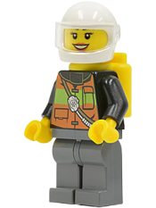 LEGO Fire - Reflective Stripe Vest with Pockets and Shoulder Strap, White Helmet, Yellow Air Tanks, Peach Lips minifigure