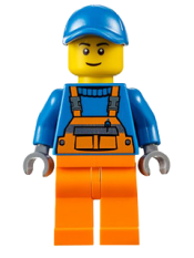 LEGO Overalls with Safety Stripe Orange, Orange Legs, Blue Short Bill Cap, Thin Grin minifigure