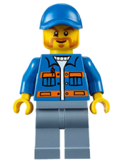 LEGO Blue Jacket with Pockets and Orange Stripes, Sand Blue Legs, Blue Short Bill Cap, Beard minifigure