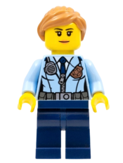 LEGO Police - City Officer Female, Jacket with Dark Blue Tie, Radio and Gold Badge, Dark Blue Legs, Medium Nougat Ponytail and Swept Sideways Fringe minifigure
