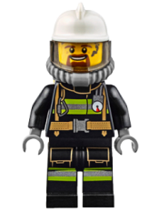 LEGO Fire - Reflective Stripes with Utility Belt, White Fire Helmet, Breathing Neck Gear with Air Tanks, Trans Black Visor, Goatee minifigure